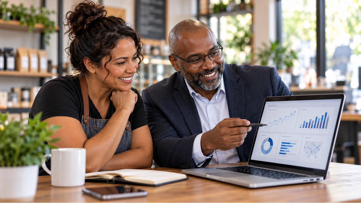 A business owner reviewing modern technology and analytics tools on a laptop.
