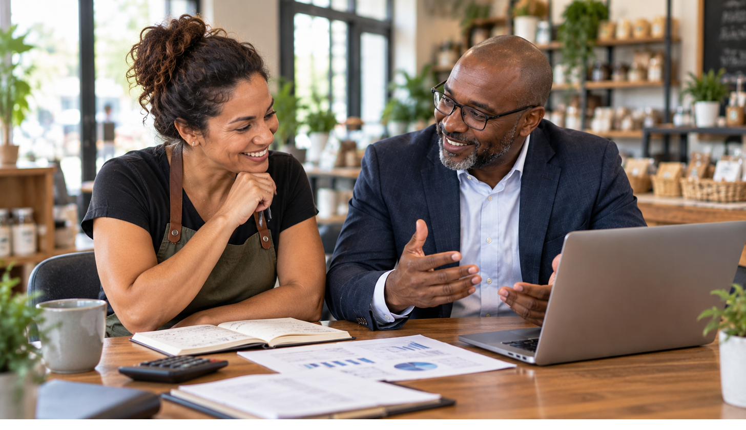 A business owner reviewing growth plans and financial documents at a desk.
