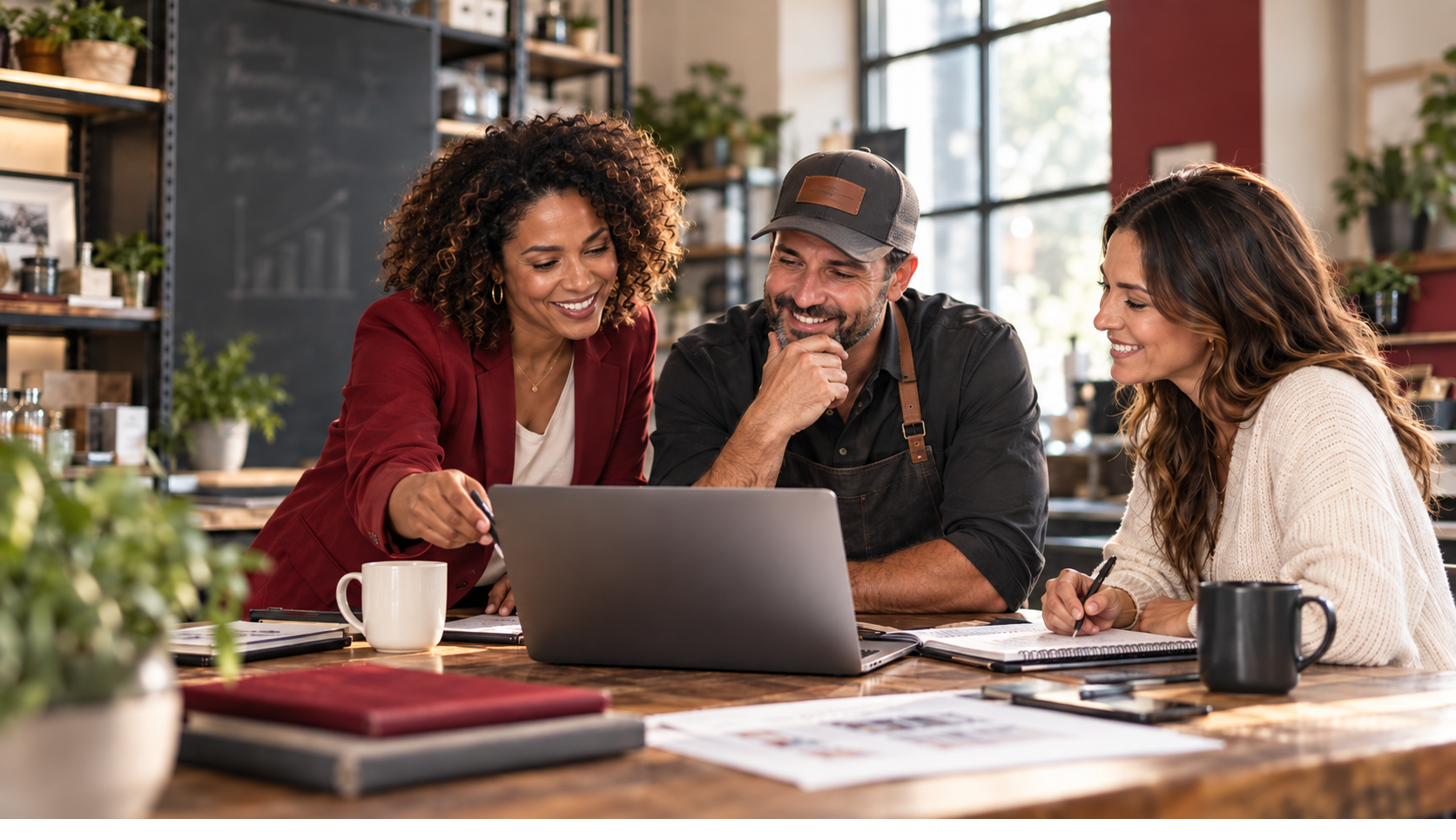 A business advisor and two small business owners reviewing opportunities together on a laptop.