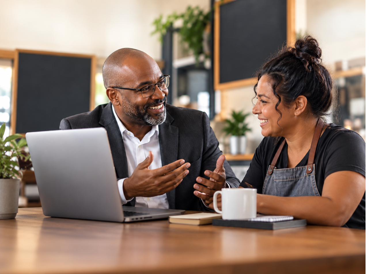 A business advisor in conversation with a small business owner, building trust and continuity.
