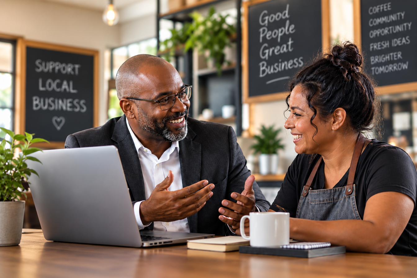 Business owners and an advisor reviewing solutions and opportunities together.