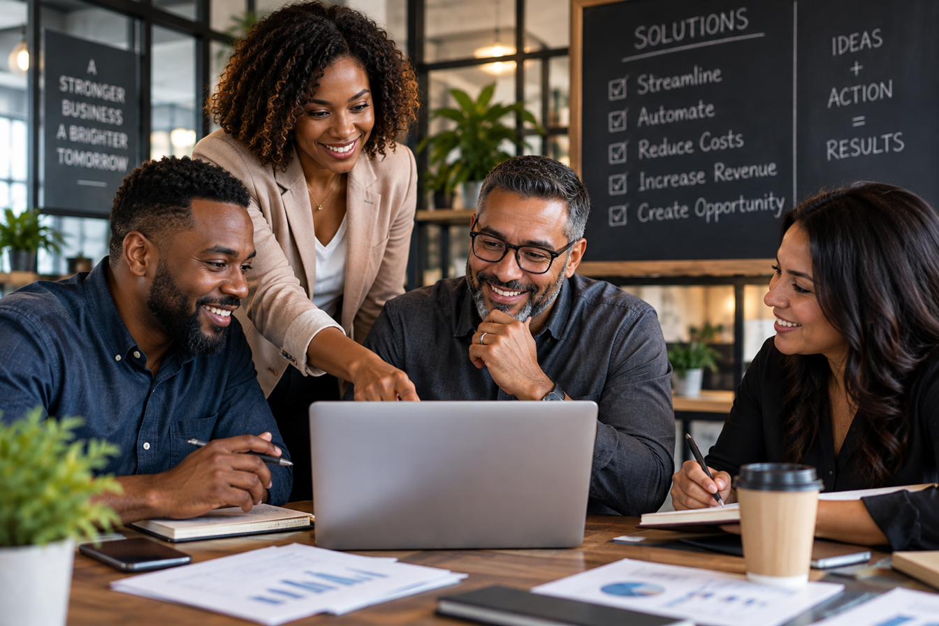 Professionals from multiple industries collaborating around a business planning session.